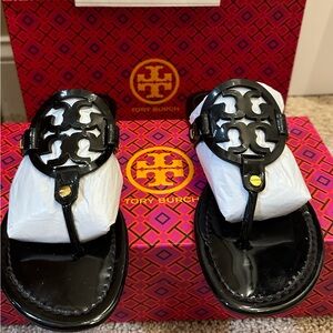 Tory Burch Black patent leather miller sandals . Size 7.5 EUC